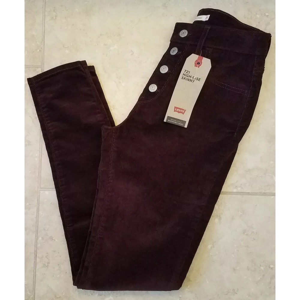 Levis 721 High Rise Skinny Corduroy Pants ButtonFly Jeans Malbec 2Medium W26xL30